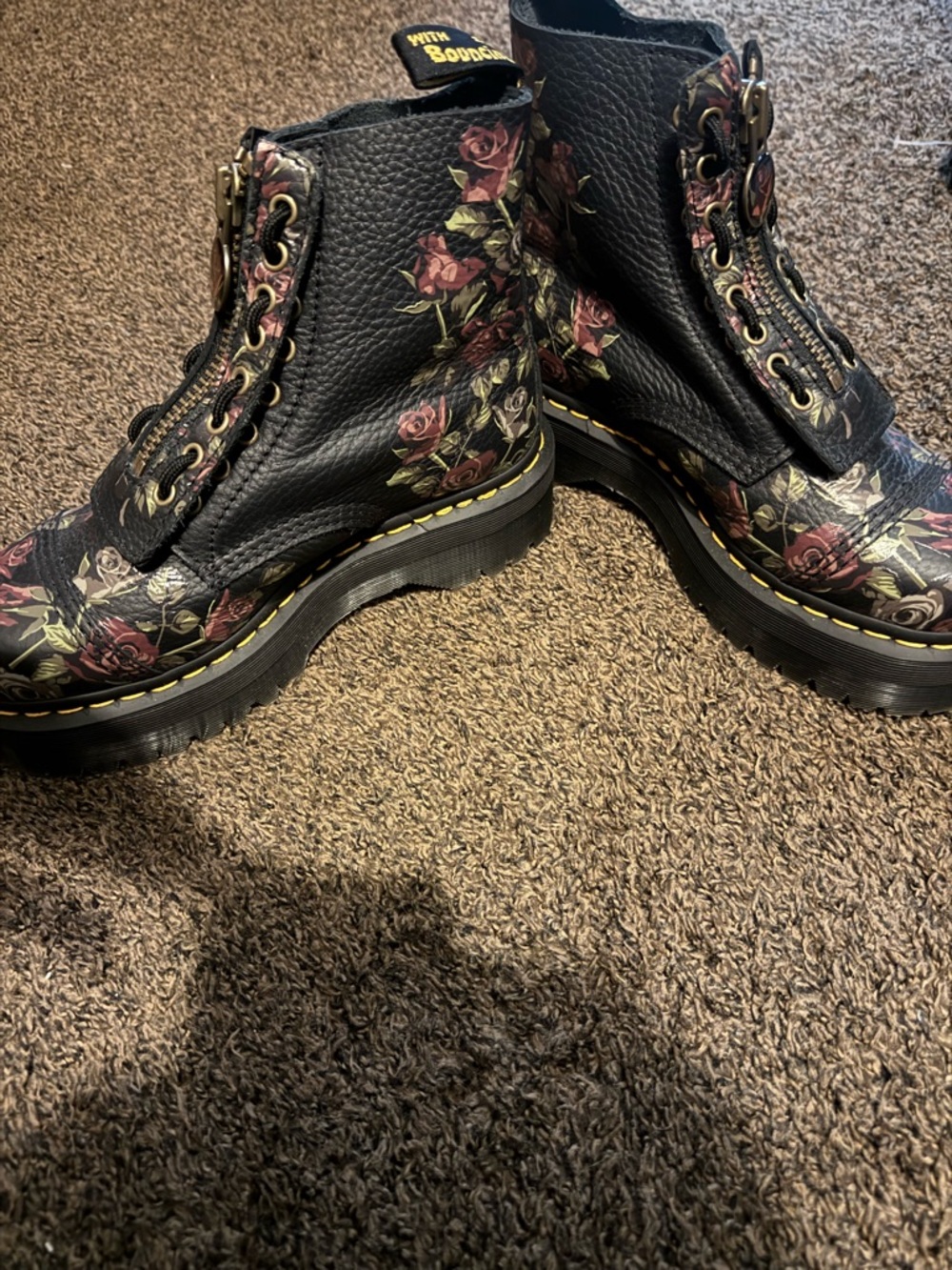 Dr. Martens Black Floral Combat Boots with Yellow Stitching - Picture 2 of 4